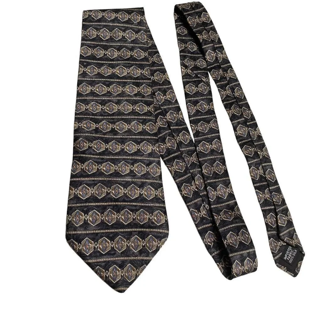 Geoffrey Beene Tie Men's Necktie Silk Black Geometric Blue Brown Maroon USA
